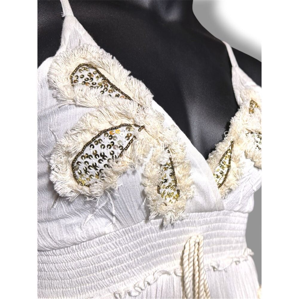POL Boho Embroidered Mini Dress Smocked Waist Floral Tassel Tie Ivory Cream NEW - Picture 11 of 16